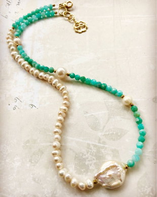Colier agate amazonit & perle albe de cultura