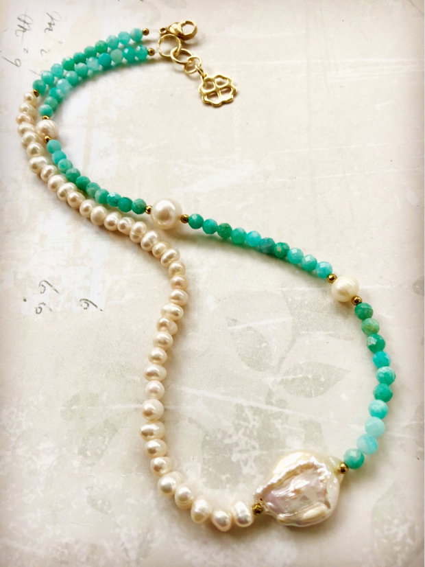 Colier agate amazonit & perle albe de cultura