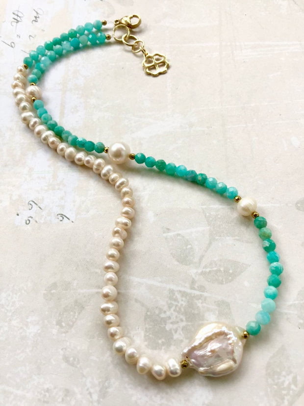 Colier agate amazonit & perle albe de cultura