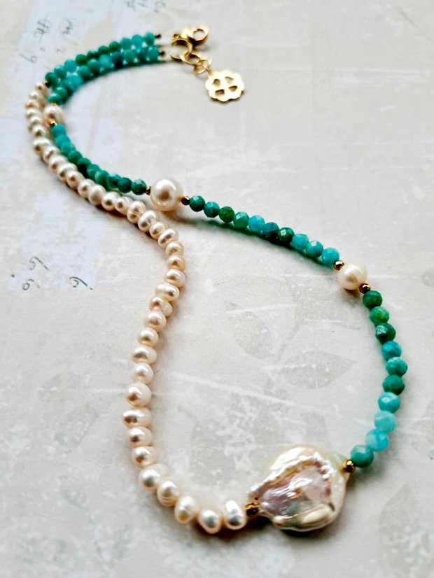 Colier agate amazonit & perle albe de cultura