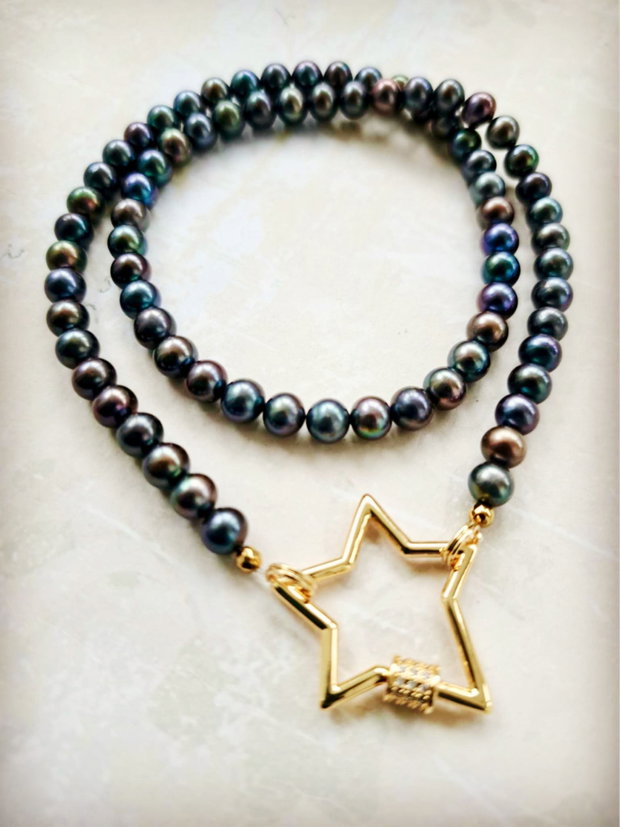 Colier perle de cultura petrol & stea aurie
