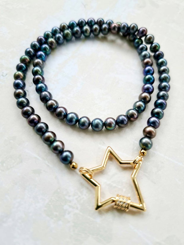 Colier perle de cultura petrol & stea aurie