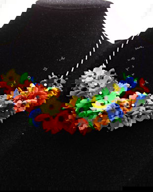 Colier handmade statement cu flori multicolore (cod1344)