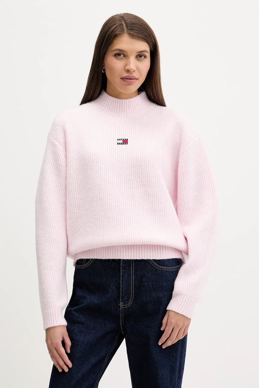 Tommy Jeans pulover din amestec de lână culoarea roz, cu turtleneck, DW0DW22109