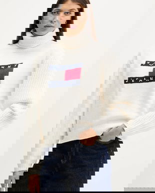 Tommy Jeans pulover din amestec de lână culoarea bej, cu guler, DW0DW22108