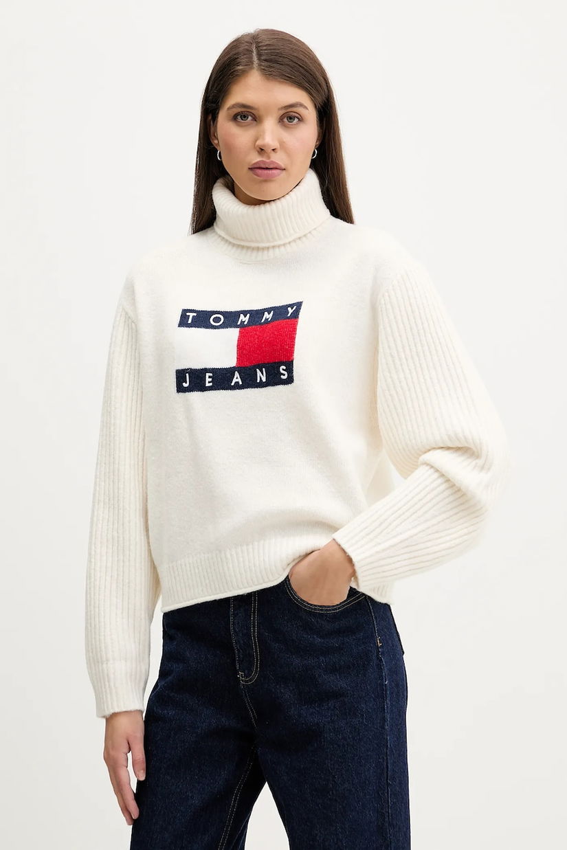 Tommy Jeans pulover din amestec de lână culoarea bej, cu guler, DW0DW22108