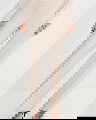 OUI pantaloni culoarea bej, drept, high waist, 91737