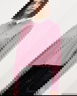 Tommy Jeans camasa din bumbac culoarea roz, cu guler clasic, relaxed, DW0DW22078