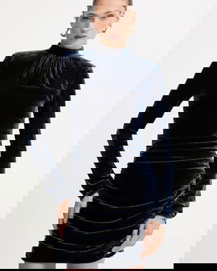 Rotate rochie din amestec de mătase culoarea albastru, mini, mulată 1149221192