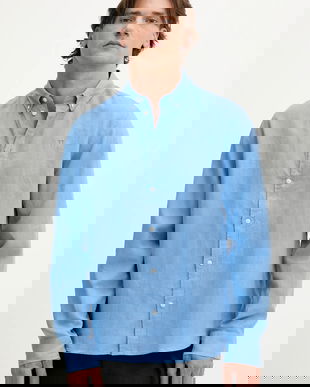 Les Deux cămașă de in Konrad culoarea violet, cu guler button-down, regular, 1000001