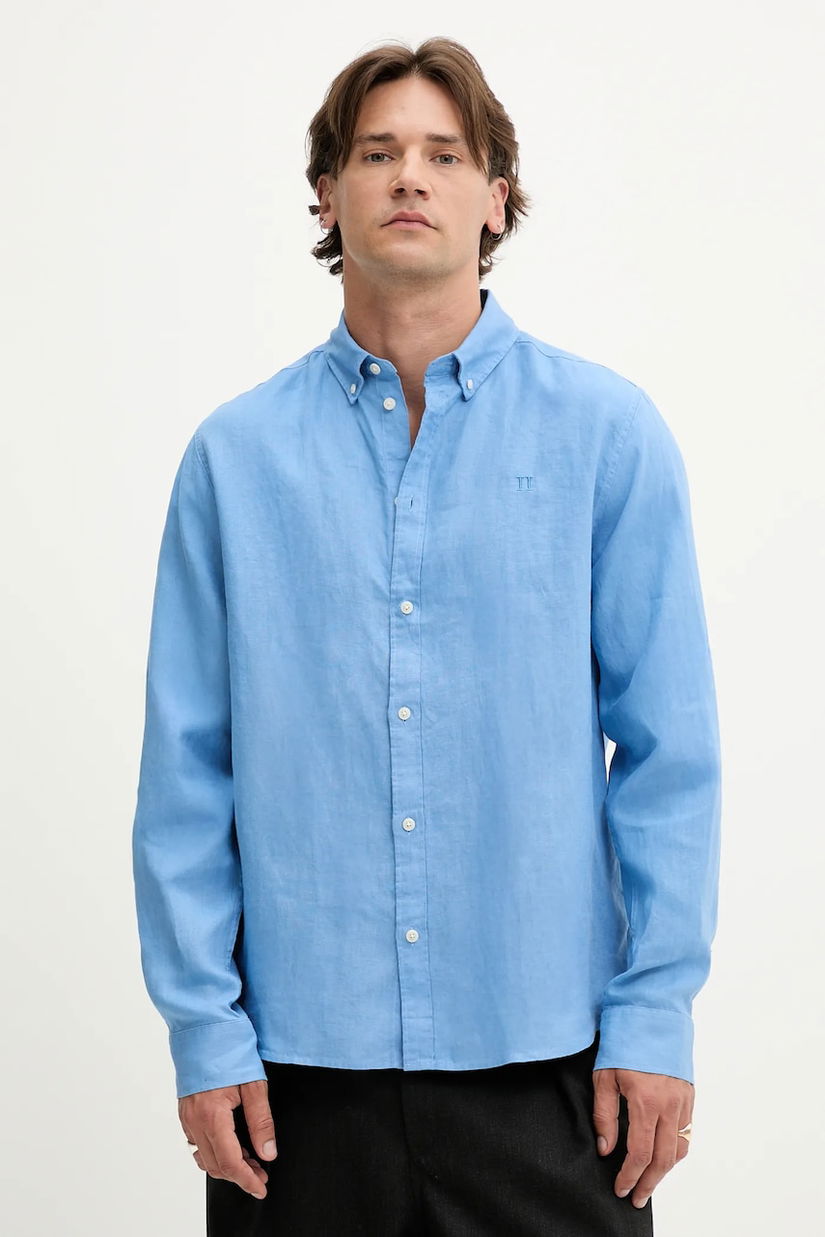 Les Deux cămașă de in Konrad culoarea violet, cu guler button-down, regular, 1000001