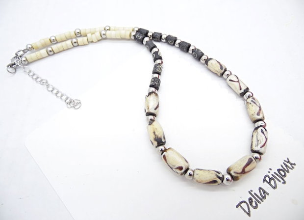 Colier handmade cu mărgele din os  stil tribal / etnic (cod1346)
