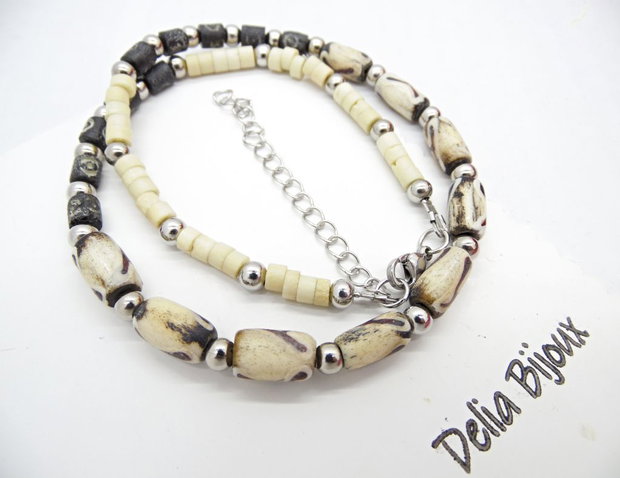 Colier handmade cu mărgele din os  stil tribal / etnic (cod1346)