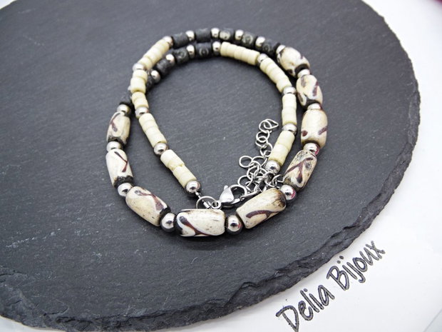 Colier handmade cu mărgele din os  stil tribal / etnic (cod1346)
