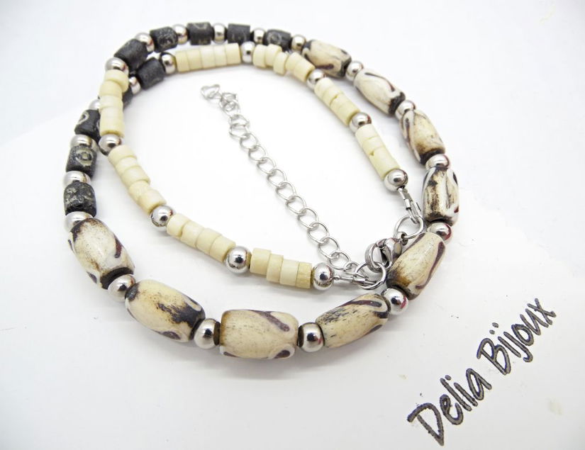 Colier handmade cu mărgele din os stil tribal / etnic (cod1346)