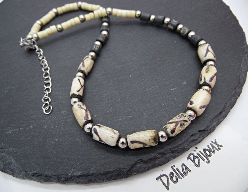 Colier handmade cu mărgele din os stil tribal / etnic (cod1346)