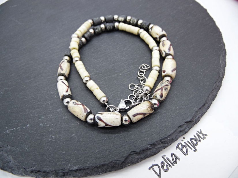 Colier handmade cu mărgele din os stil tribal / etnic (cod1346)