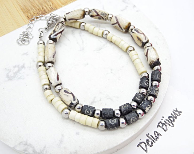 Colier handmade cu mărgele din os stil tribal / etnic (cod1346)