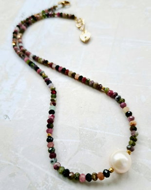 Colier CHOKER Turmalina multicolora & perla albă de cultura