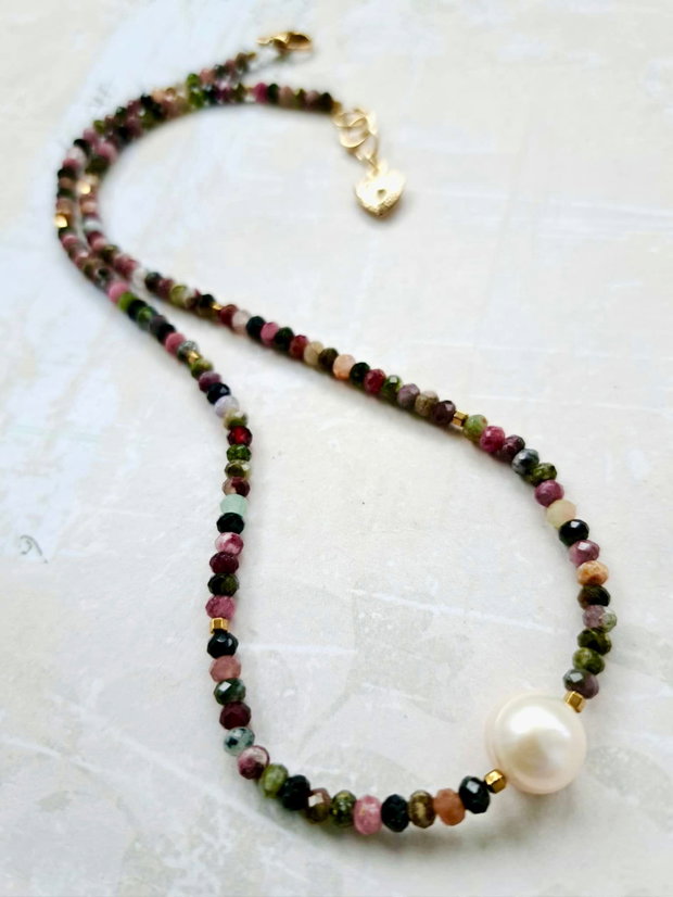 Colier CHOKER Turmalina multicolora & perla albă de cultura
