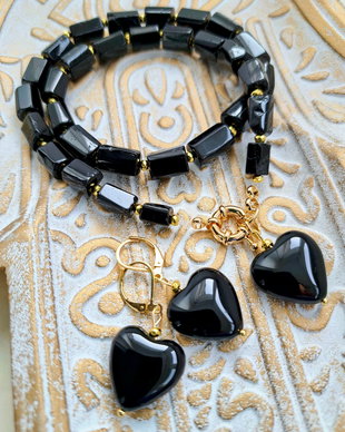 Set Colier și cercei Inima onix negru & turmalina neagra