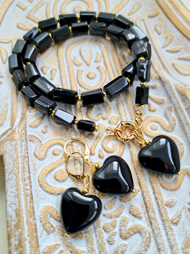 Set Colier și cercei Inima onix negru & turmalina neagra
