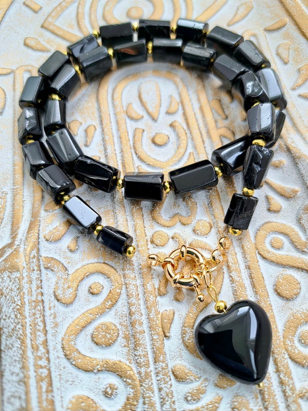 Set Colier și cercei Inima onix negru & turmalina neagra
