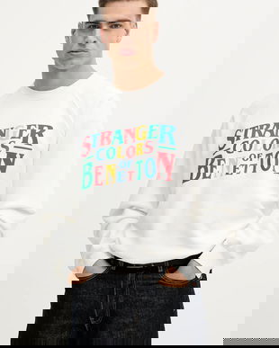 United Colors of Benetton hanorac de bumbac x Stranger Things culoarea alb, cu imprimeu, 38JZU10B9