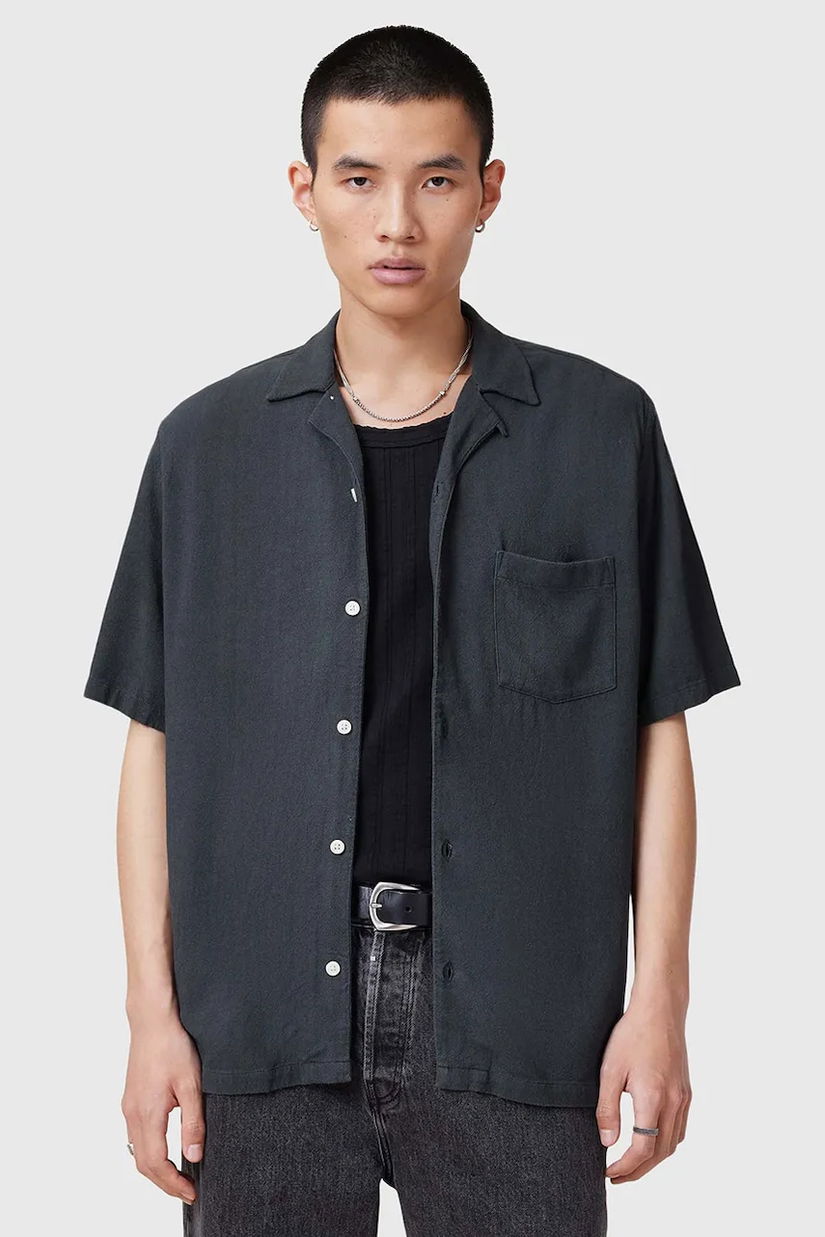 AllSaints camasa din amestec de in CUDI barbati, culoarea albastru marin, regular, M052SC