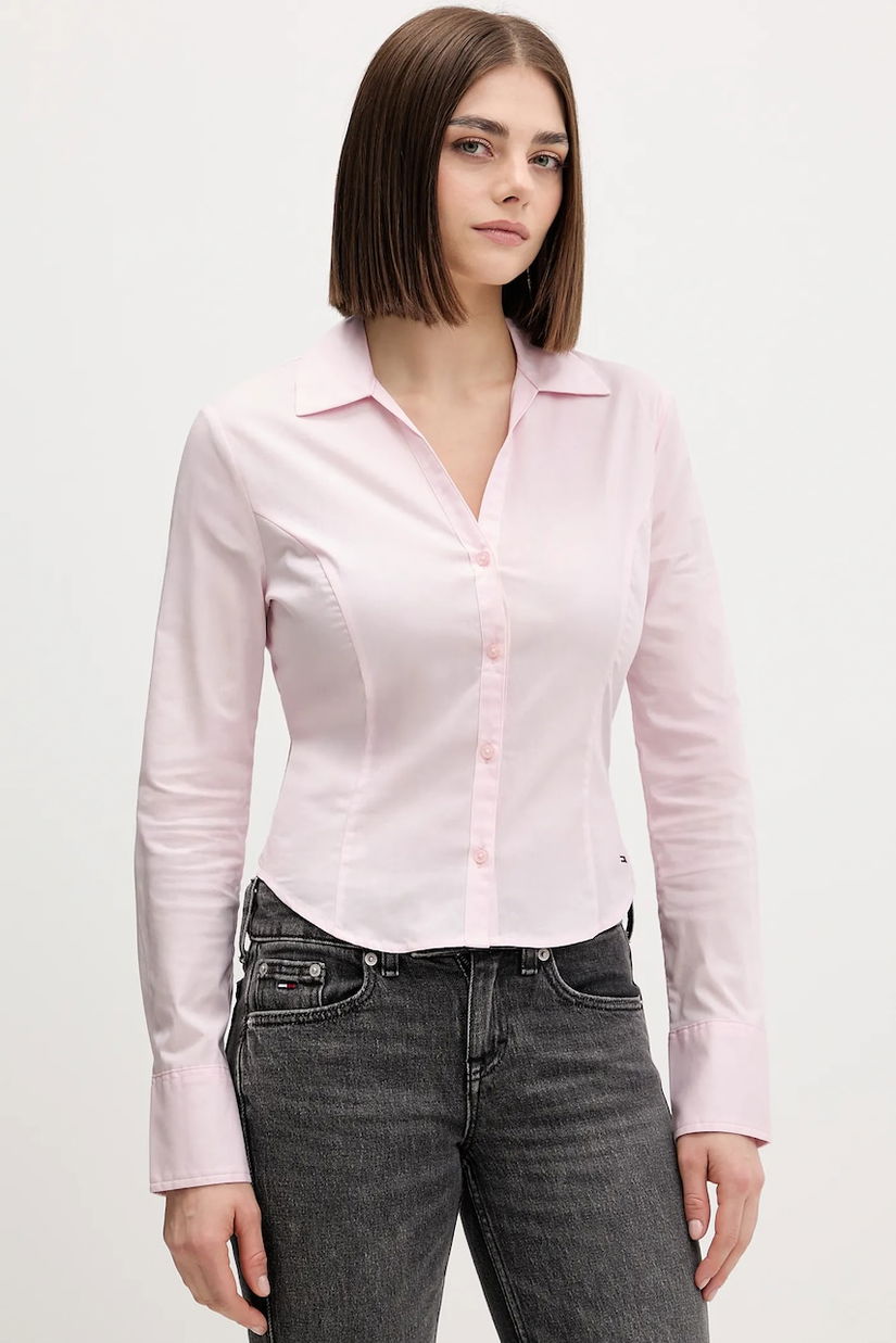 Tommy Jeans cămașă culoarea roz, cu guler clasic, slim, DW0DW22604