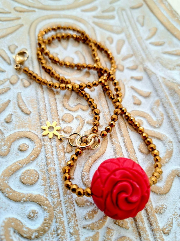 Colier CHOKER hematite aurii & cinabru rosu