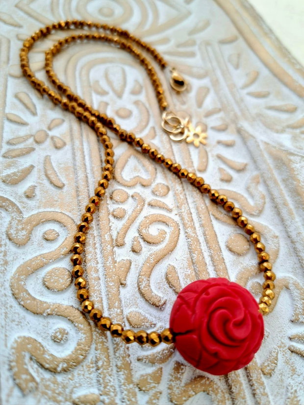 Colier CHOKER hematite aurii & cinabru rosu