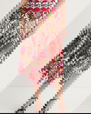 Farm Rio fustă din amestec de in culoarea roșu, midi, evazată 344016