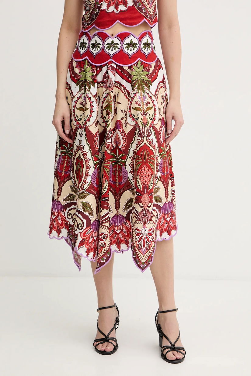 Farm Rio fustă din amestec de in culoarea roșu, midi, evazată 344016