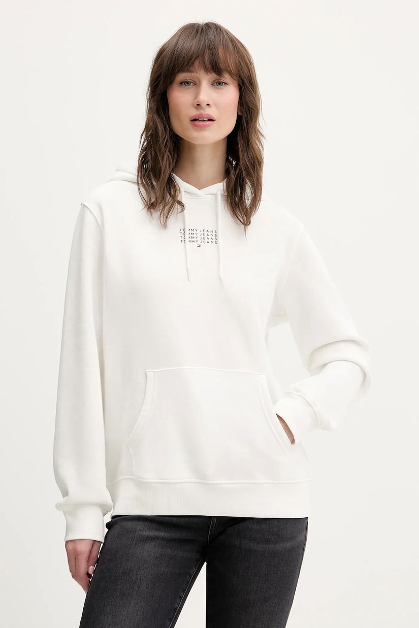 Tommy Jeans bluză culoarea alb, cu glugă, cu imprimeu, DW0DW22080