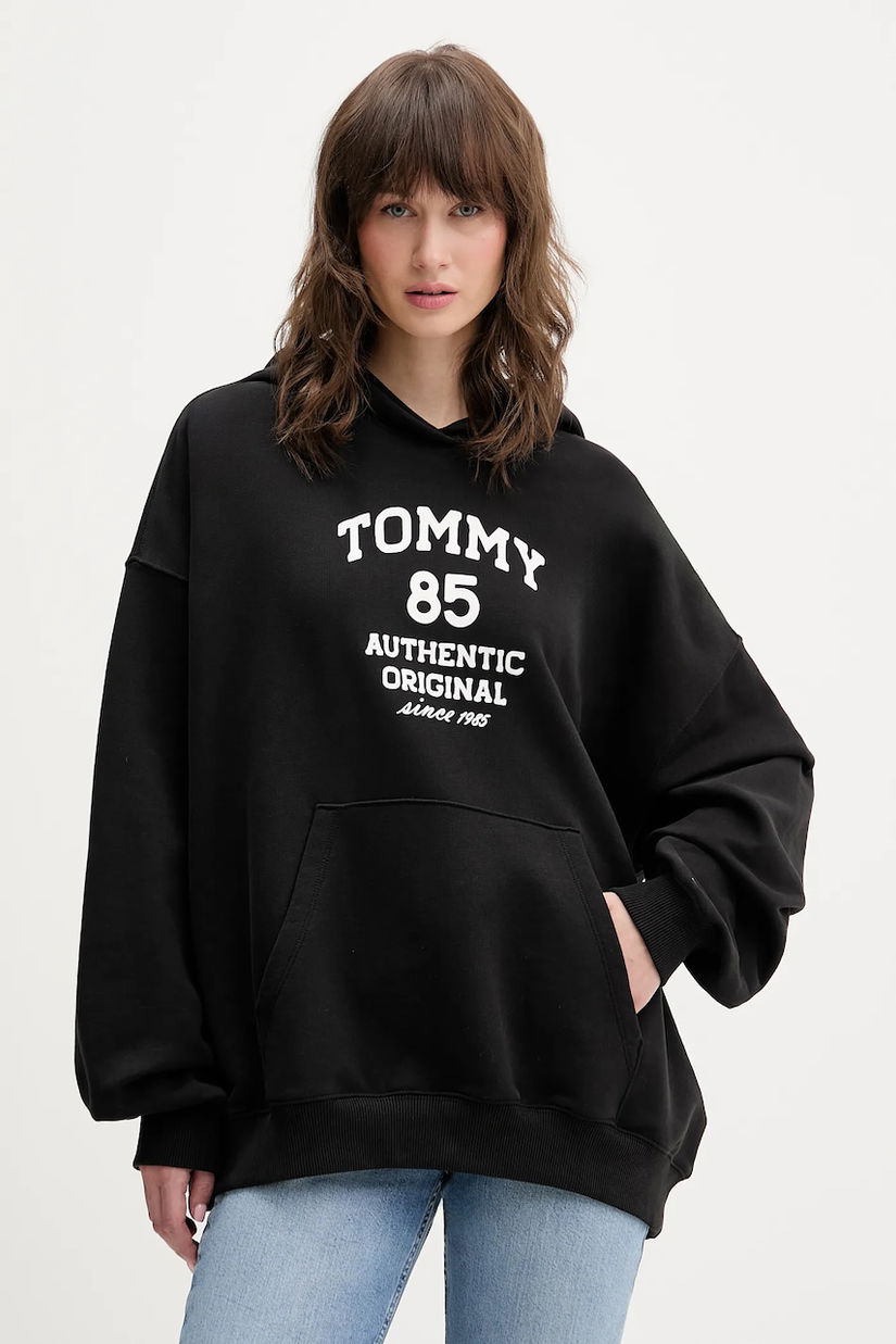 Tommy Jeans hanorac de bumbac culoarea negru, cu glugă, cu imprimeu, DW0DW22603