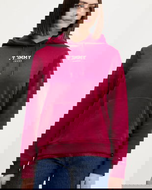 Tommy Jeans hanorac de bumbac culoarea bordo, cu glugă, cu imprimeu, DW0DW21921