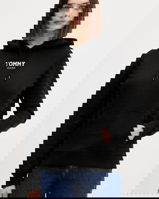 Tommy Jeans hanorac de bumbac culoarea negru, cu glugă, cu imprimeu, DW0DW21921