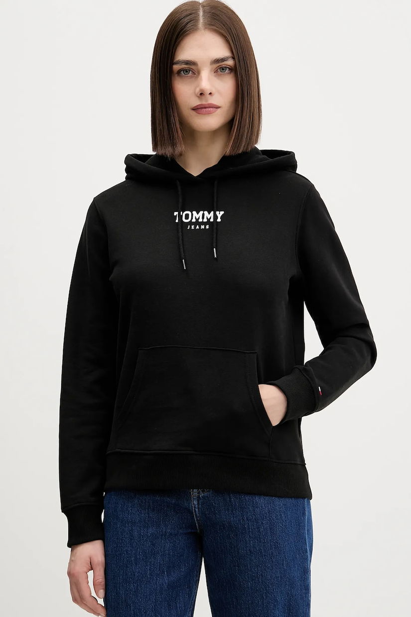 Tommy Jeans hanorac de bumbac culoarea negru, cu glugă, cu imprimeu, DW0DW21921