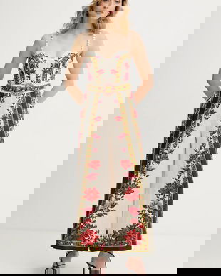 Farm Rio salopetă din in culoarea bej, cu decolteu in v, 344883