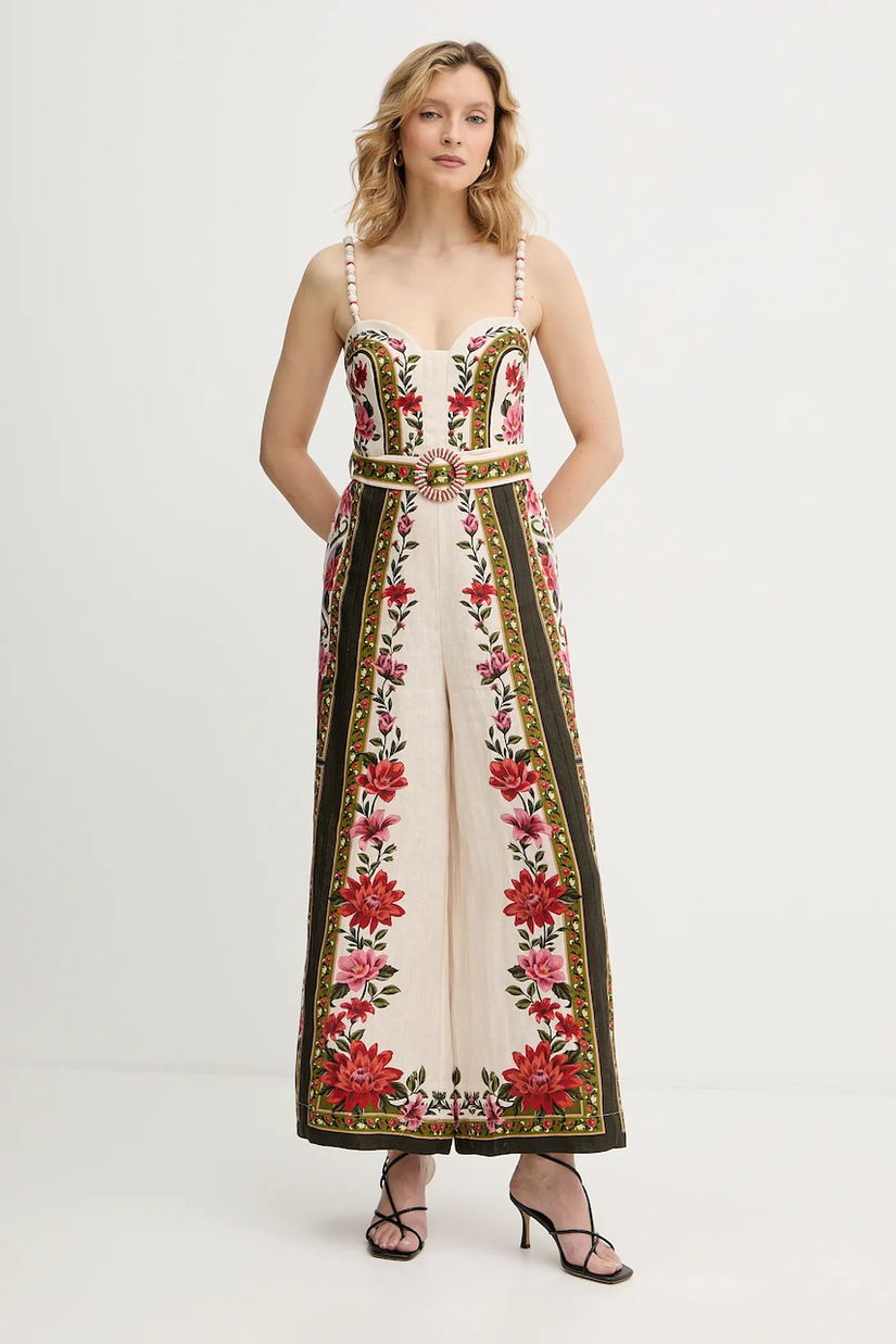 Farm Rio salopetă din in culoarea bej, cu decolteu in v, 344883