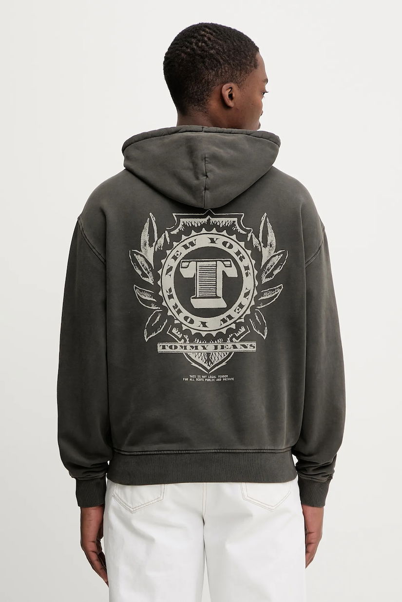 Tommy Jeans hanorac de bumbac culoarea gri, cu glugă, cu imprimeu, DM0DM22367