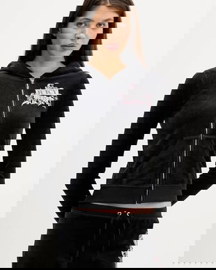 Juicy Couture bluză din velur Wrap You Up culoarea negru, cu glugă, cu imprimeu, JCNAS126451