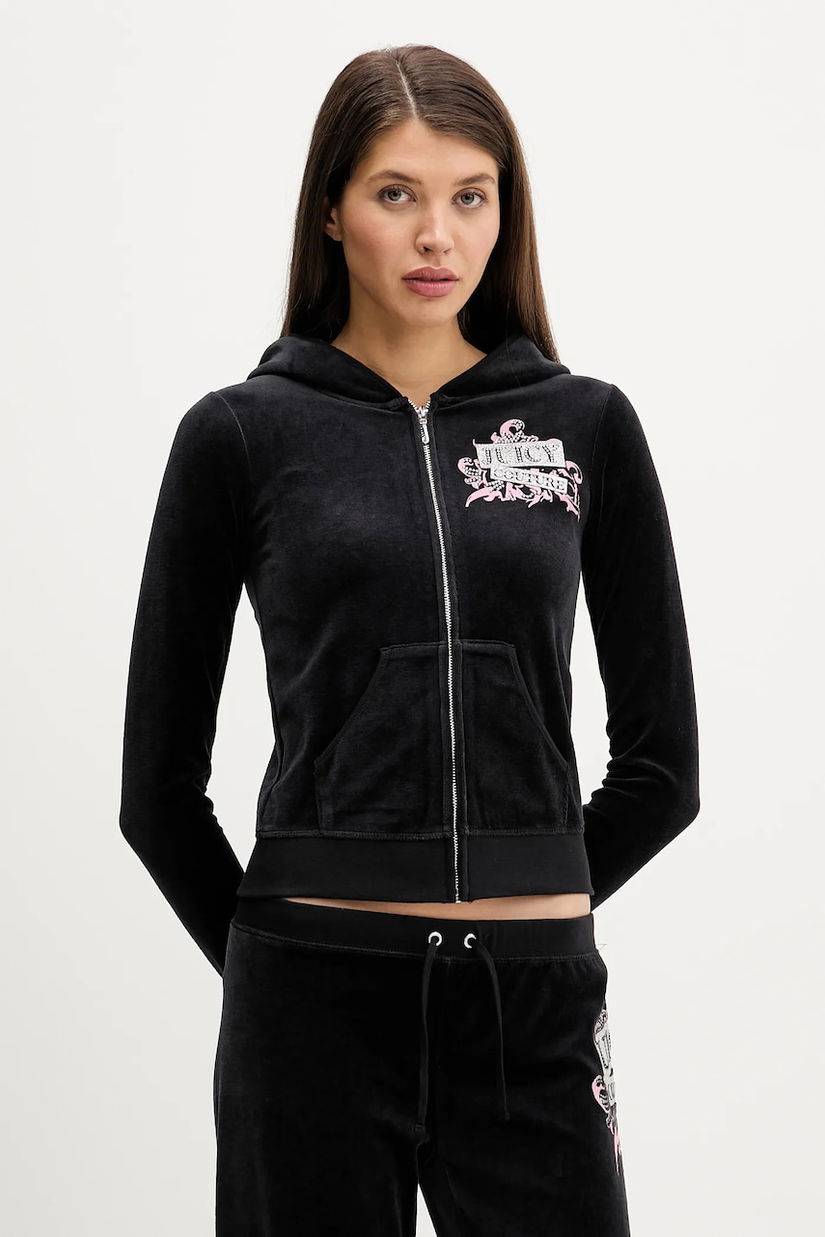 Juicy Couture bluză din velur Wrap You Up culoarea negru, cu glugă, cu imprimeu, JCNAS126451