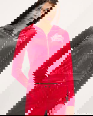 Juicy Couture bluză din velur Wrap You Up culoarea roșu, cu glugă, cu imprimeu, JCNAS126451