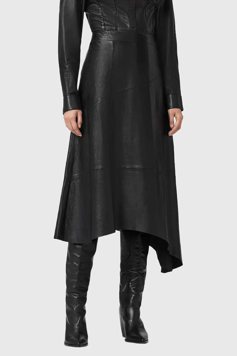 AllSaints fustă de piele culoarea negru, midi, evazați, W073RD