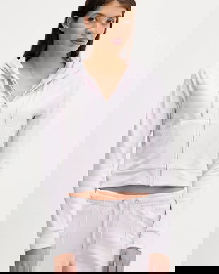 Juicy Couture bluză din velur culoarea bej, cu glugă, cu imprimeu, JCWAS225306