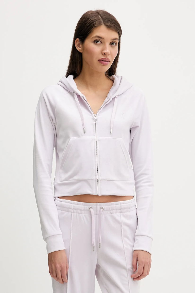 Juicy Couture bluză din velur culoarea bej, cu glugă, cu imprimeu, JCWAS225306