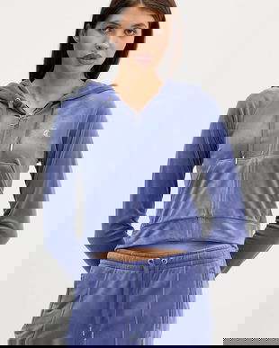 Juicy Couture bluză din velur culoarea bej, cu glugă, cu imprimeu, JCWAS225306