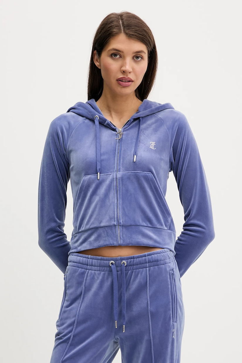 Juicy Couture bluză din velur culoarea bej, cu glugă, cu imprimeu, JCWAS225306